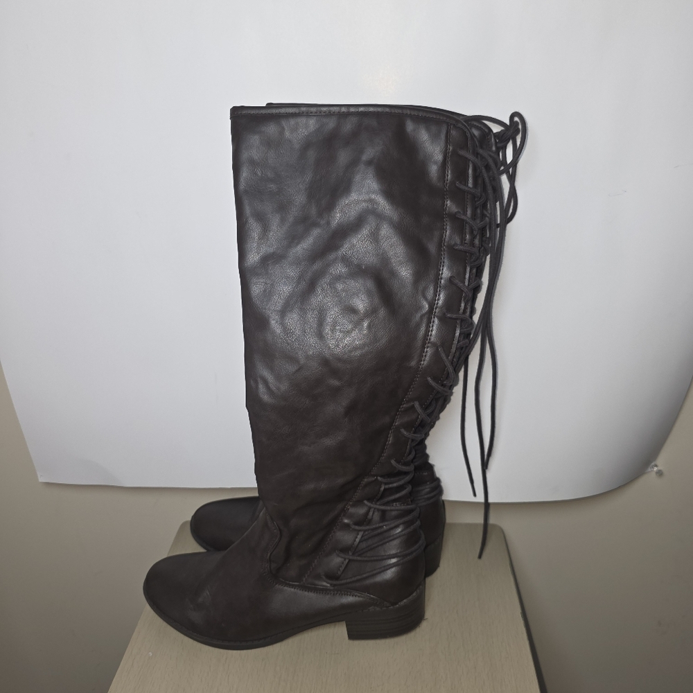 Women's Knee-High Brown Boots Adjustable Back Corset Lace Size 9.5
